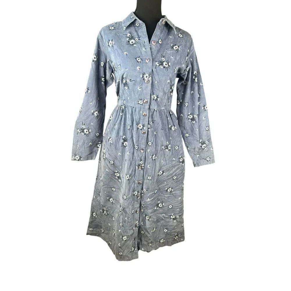 L.L.Bean Medium Corduroy Prairie Modest Floral CottageCore Button up midi Dress